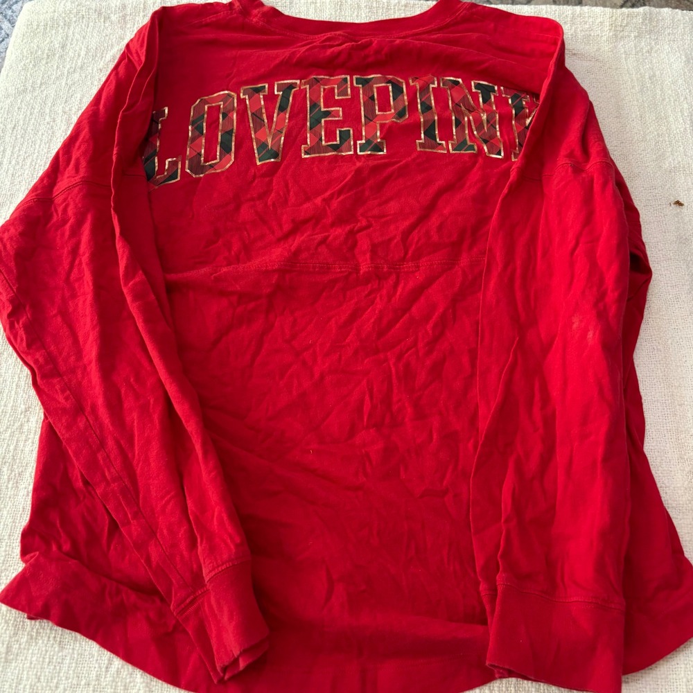 Victoria's Secret PINK Red Buffalo Plaid Logo Long Sleeve Campus Tee Large
